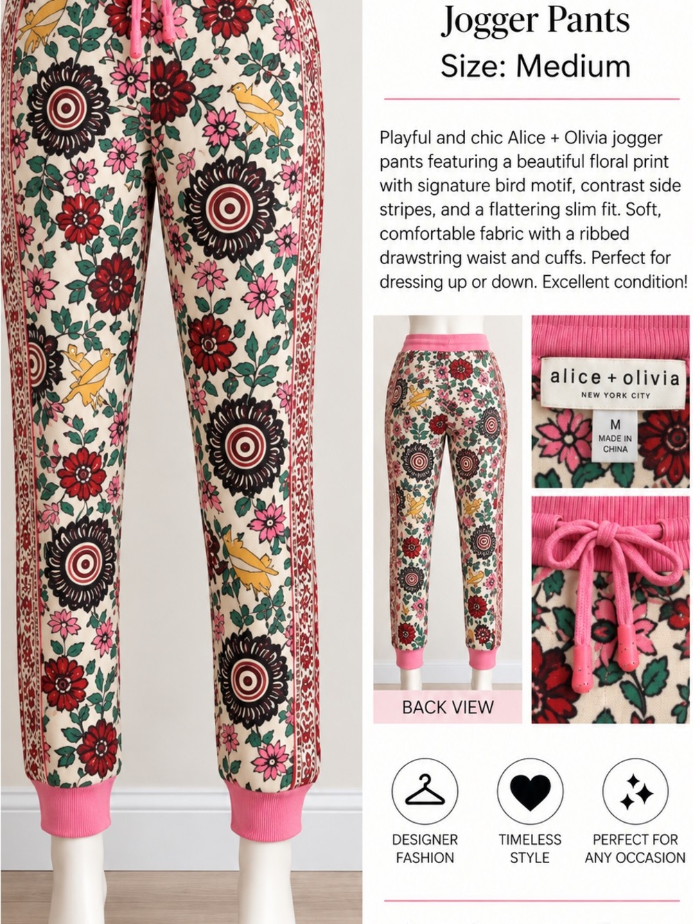 Alice + Olivia Floral Side-Stripe Jogger Pants in Pink and Cream